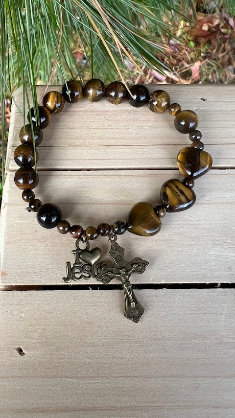 Handmade Tiger Eye Rosary Bracelet – Elastic Design with Bronze Charms | Unique Catholic Gift for Prayer & Devotion - Rosaries by Minnette