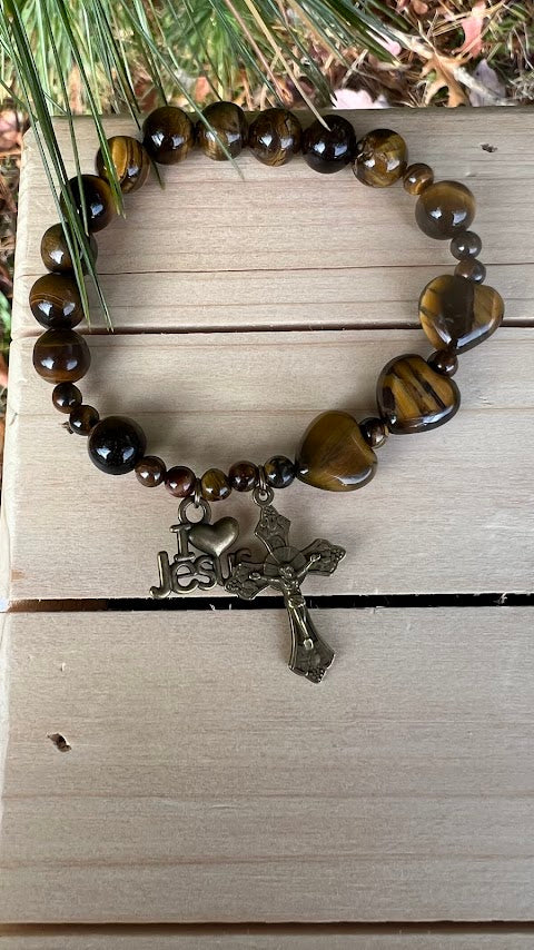 Handmade Tiger Eye Rosary Bracelet – Elastic Design with Bronze Charms | Unique Catholic Gift for Prayer & Devotion - Rosaries by Minnette