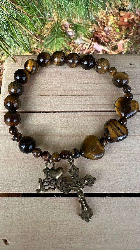 Handmade Tiger Eye Rosary Bracelet – Elastic Design with Bronze Charms | Unique Catholic Gift for Prayer & Devotion - Rosaries by Minnette