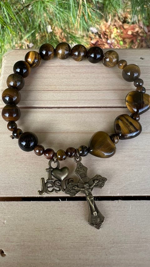 Handmade Tiger Eye Rosary Bracelet – Elastic Design with Bronze Charms | Unique Catholic Gift for Prayer & Devotion - Rosaries by Minnette