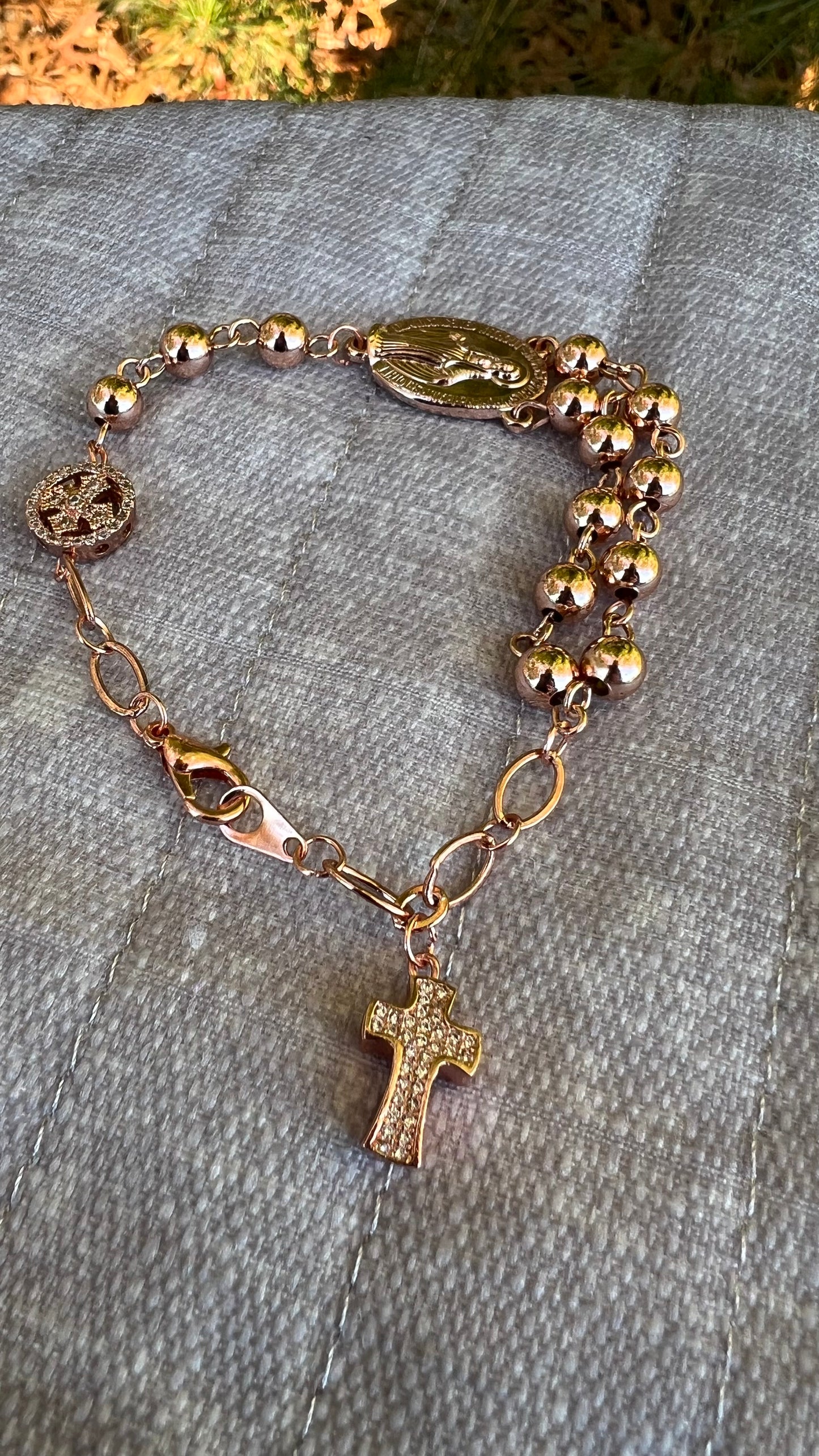 Elegant Miraculous Medal Rosary Bracelet – Rose Gold Beads with Rhinestone Accents | Handmade Catholic Gift for Her - Rosaries by Minnette