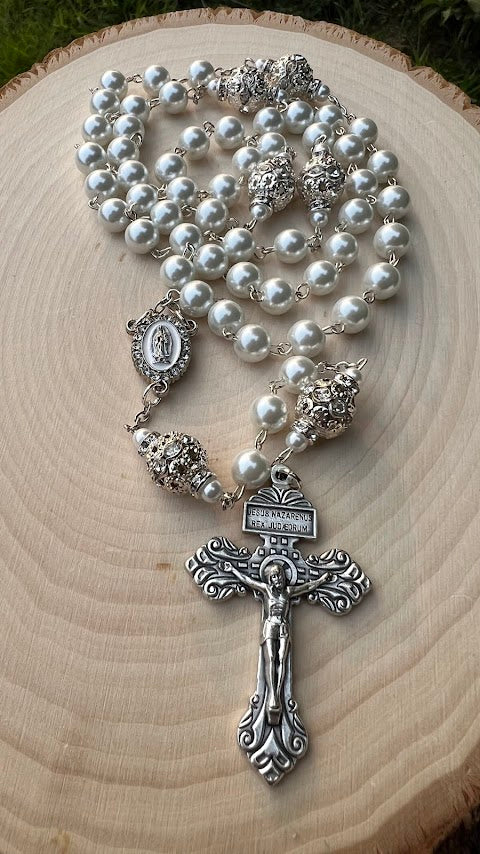 Beautiful Rosary/Our Lady of Guadalupe/White Pearls /Wedding/Catholic Rosary/Catholic Gift/Handmade/Christmas Gifts/Cyber Deals/Gifts for He - Rosaries by Minnette