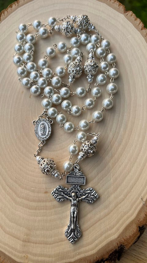 Beautiful Rosary/Our Lady of Guadalupe/White Pearls /Wedding/Catholic Rosary/Catholic Gift/Handmade/Christmas Gifts/Cyber Deals/Gifts for He - Rosaries by Minnette