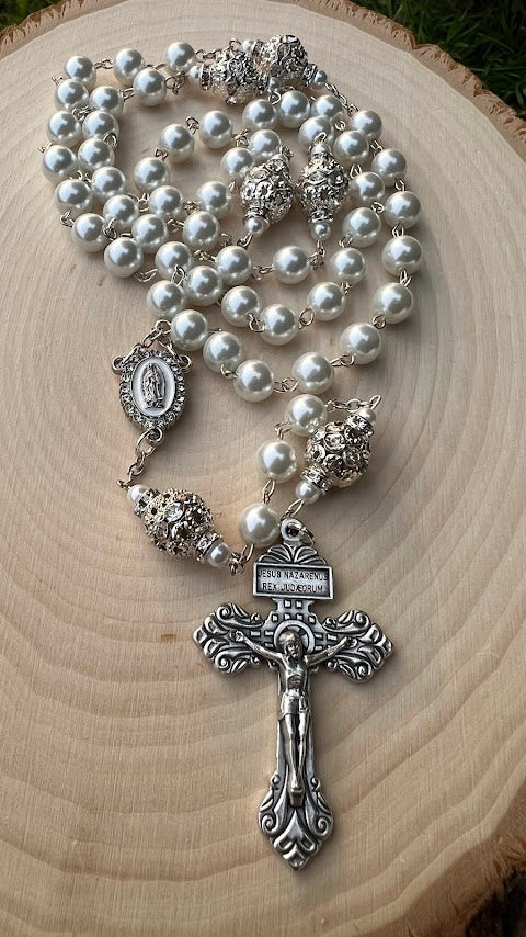 Beautiful Rosary/Our Lady of Guadalupe/White Pearls /Wedding/Catholic Rosary/Catholic Gift/Handmade/Christmas Gifts/Cyber Deals/Gifts for He - Rosaries by Minnette