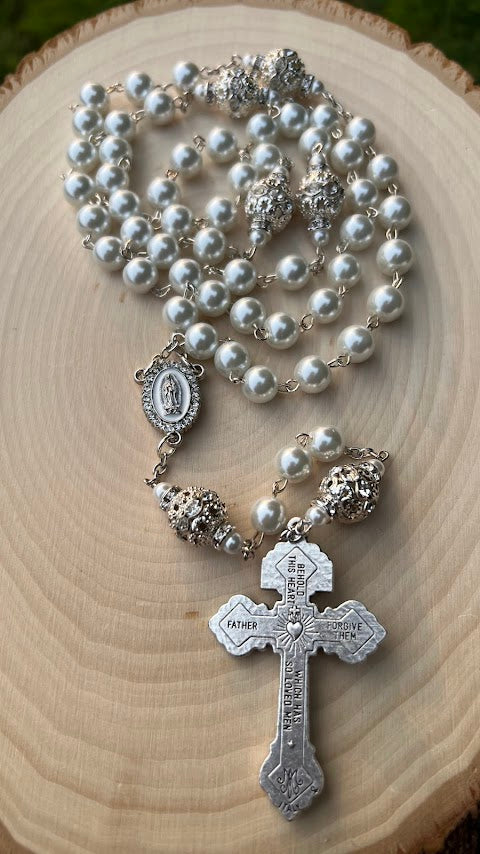 Beautiful Rosary/Our Lady of Guadalupe/White Pearls /Wedding/Catholic Rosary/Catholic Gift/Handmade/Christmas Gifts/Cyber Deals/Gifts for He - Rosaries by Minnette