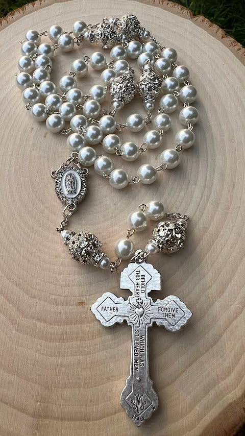 Beautiful Rosary/Our Lady of Guadalupe/White Pearls /Wedding/Catholic Rosary/Catholic Gift/Handmade/Christmas Gifts/Cyber Deals/Gifts for He - Rosaries by Minnette