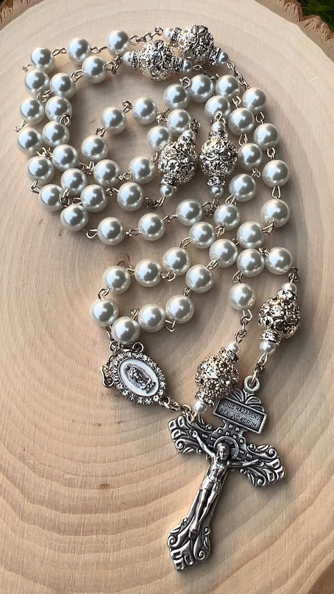 Beautiful Rosary/Our Lady of Guadalupe/White Pearls /Wedding/Catholic Rosary/Catholic Gift/Handmade/Christmas Gifts/Cyber Deals/Gifts for He - Rosaries by Minnette