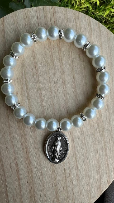 Beautiful Stretch Bracelet Lady of Miracle Medal/Stretch Bracelet/Handmade/Wedding Bracelet/Rare Fine/Anniversary/Present for Her/Wedding - Rosaries by Minnette