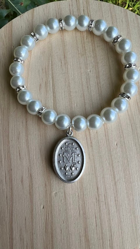 Beautiful Stretch Bracelet Lady of Miracle Medal/Stretch Bracelet/Handmade/Wedding Bracelet/Rare Fine/Anniversary/Present for Her/Wedding - Rosaries by Minnette
