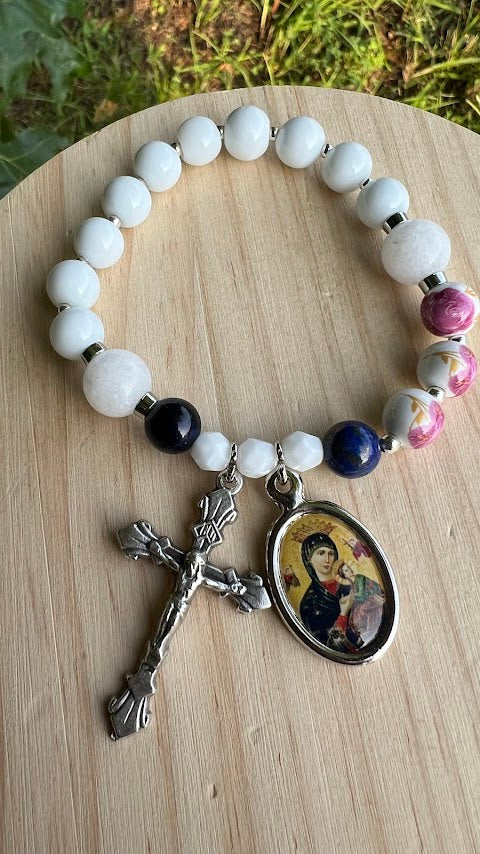 Stretch Rosary Bracelet – Our Lady of Perpetual Help with White Glass Beads | Devotional Catholic Gift - Rosaries by Minnette