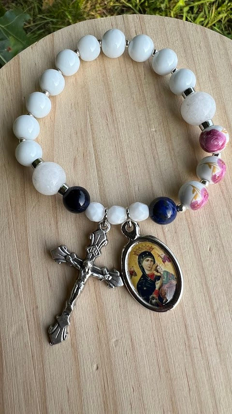 Stretch Rosary Bracelet – Our Lady of Perpetual Help with White Glass Beads | Devotional Catholic Gift - Rosaries by Minnette
