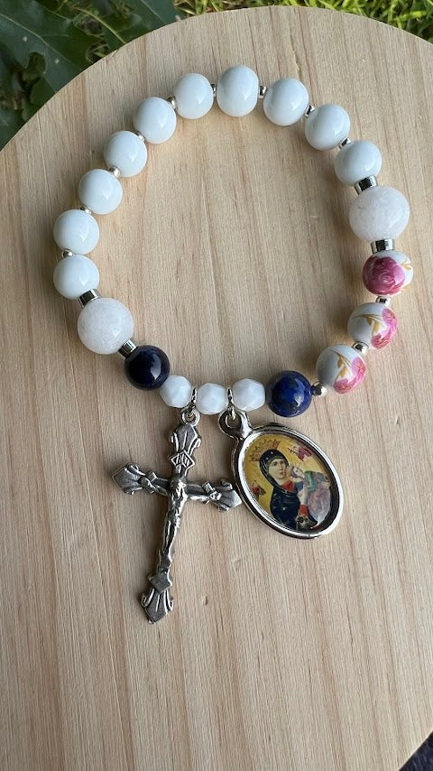 Stretch Rosary Bracelet – Our Lady of Perpetual Help with White Glass Beads | Devotional Catholic Gift - Rosaries by Minnette