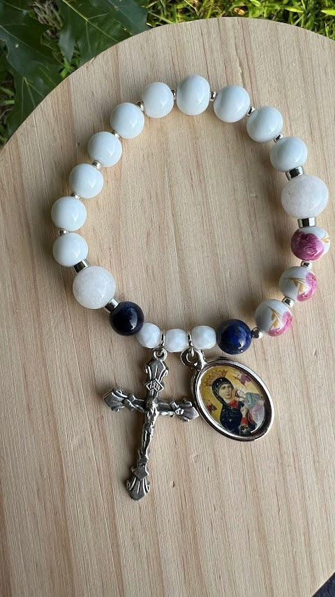 Stretch Rosary Bracelet – Our Lady of Perpetual Help with White Glass Beads | Devotional Catholic Gift - Rosaries by Minnette