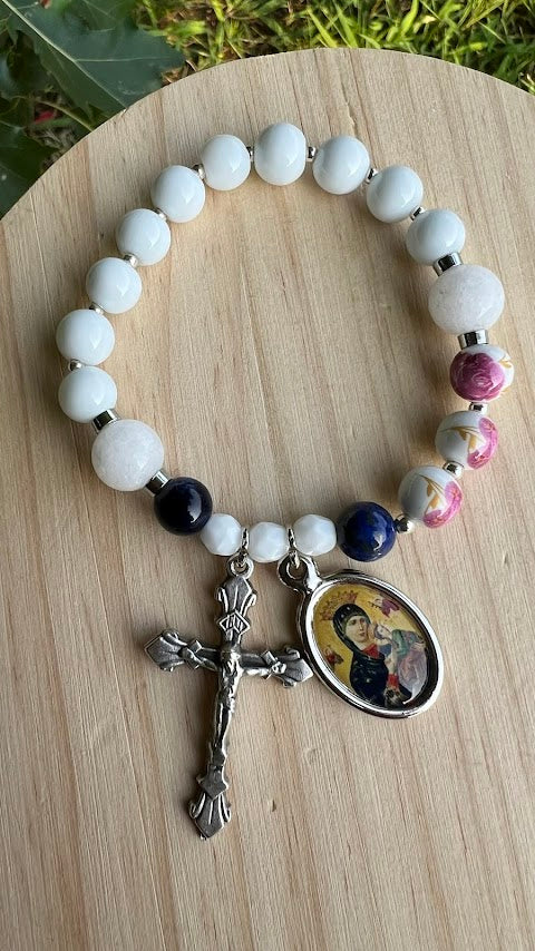 Stretch Rosary Bracelet – Our Lady of Perpetual Help with White Glass Beads | Devotional Catholic Gift - Rosaries by Minnette