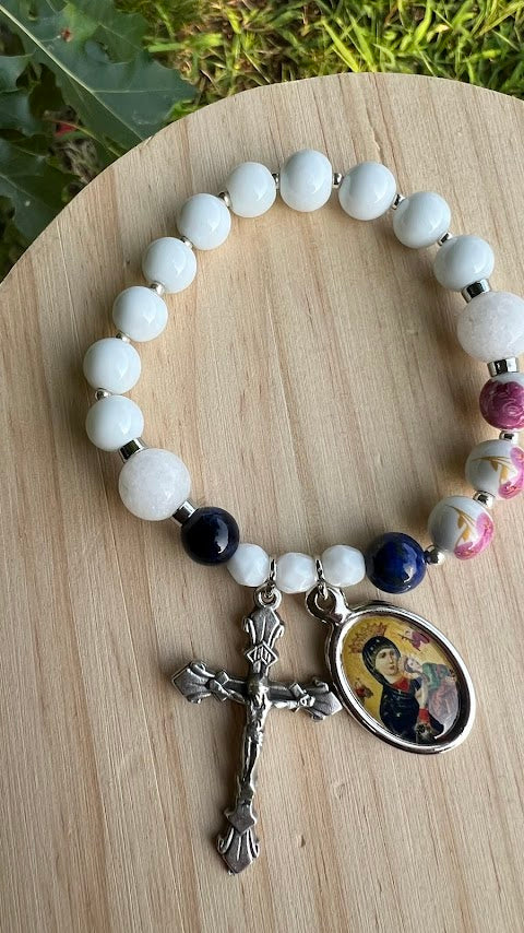 Stretch Rosary Bracelet – Our Lady of Perpetual Help with White Glass Beads | Devotional Catholic Gift - Rosaries by Minnette