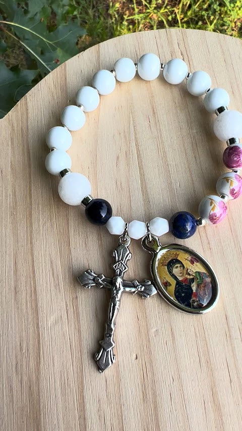 Stretch Rosary Bracelet – Our Lady of Perpetual Help with White Glass Beads | Devotional Catholic Gift - Rosaries by Minnette