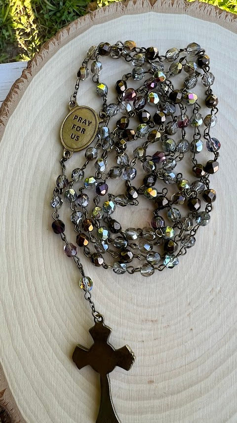 Handmade Catholic rosary with iridescent glass beads, metal crucifix, and religious medallion – perfect for prayer, First Communion, Confirmation, or thoughtful Catholic gifts.