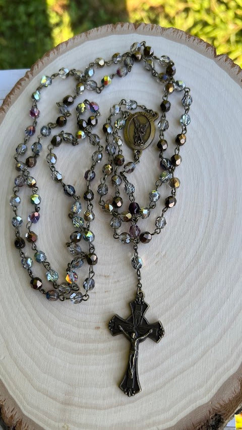Handmade Catholic rosary with iridescent glass beads, metal crucifix, and religious medallion – perfect for prayer, First Communion, Confirmation, or thoughtful Catholic gifts.