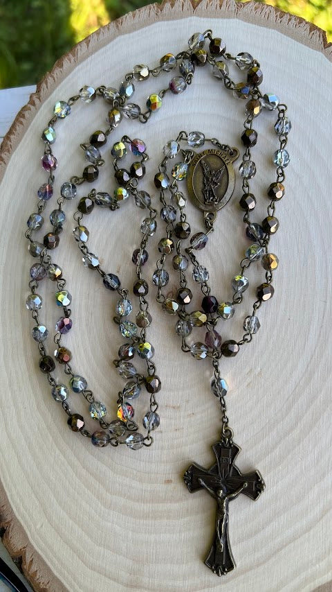 Handmade Catholic rosary with iridescent glass beads, metal crucifix, and religious medallion – perfect for prayer, First Communion, Confirmation, or thoughtful Catholic gifts.