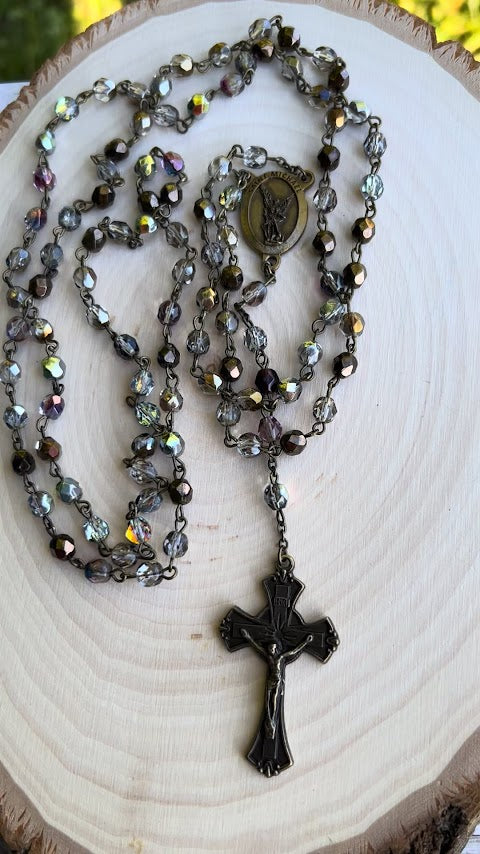 Handmade Catholic rosary with iridescent glass beads, metal crucifix, and religious medallion – perfect for prayer, First Communion, Confirmation, or thoughtful Catholic gifts.
