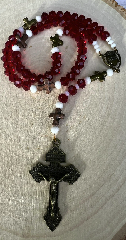Handmade Vintage Sacred Heart Rosary – Red Crystal Catholic Prayer Beads - Rosaries by Minnette