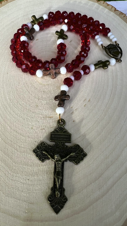Handmade Vintage Sacred Heart Rosary – Red Crystal Catholic Prayer Beads - Rosaries by Minnette