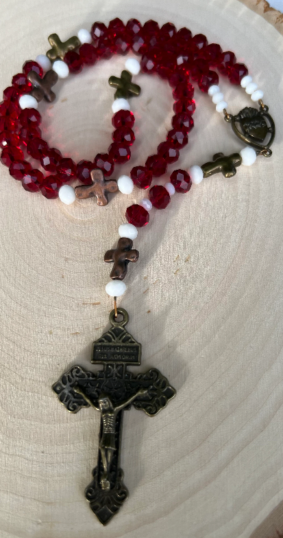 Handmade Vintage Sacred Heart Rosary – Red Crystal Catholic Prayer Beads - Rosaries by Minnette
