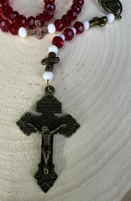 Handmade Vintage Sacred Heart Rosary – Red Crystal Catholic Prayer Beads - Rosaries by Minnette