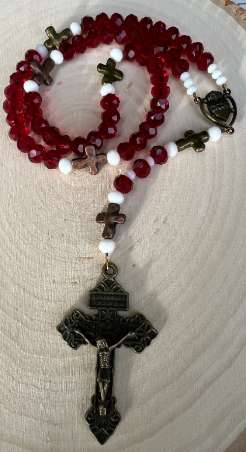 Handmade Vintage Sacred Heart Rosary – Red Crystal Catholic Prayer Beads - Rosaries by Minnette