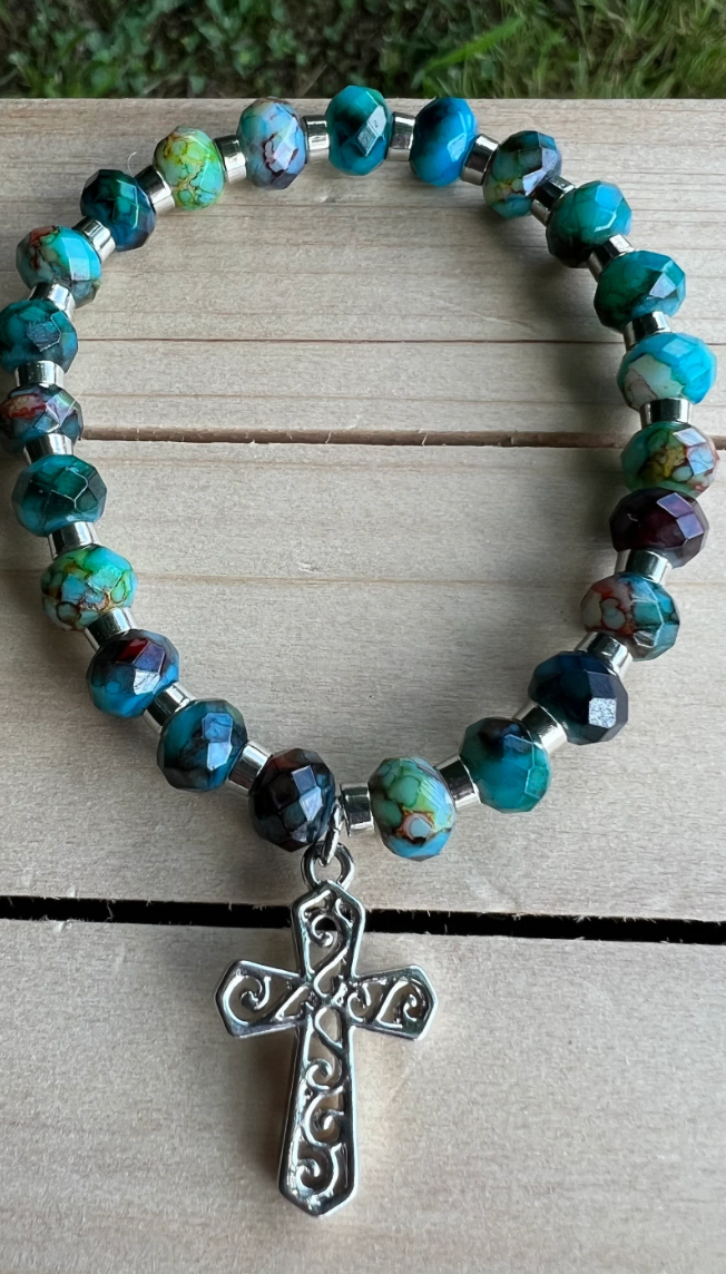 Elegant Turquoise Stretch Bracelet with Filigree Cross – Handcrafted Faith Jewelry - Rosaries by Minnette