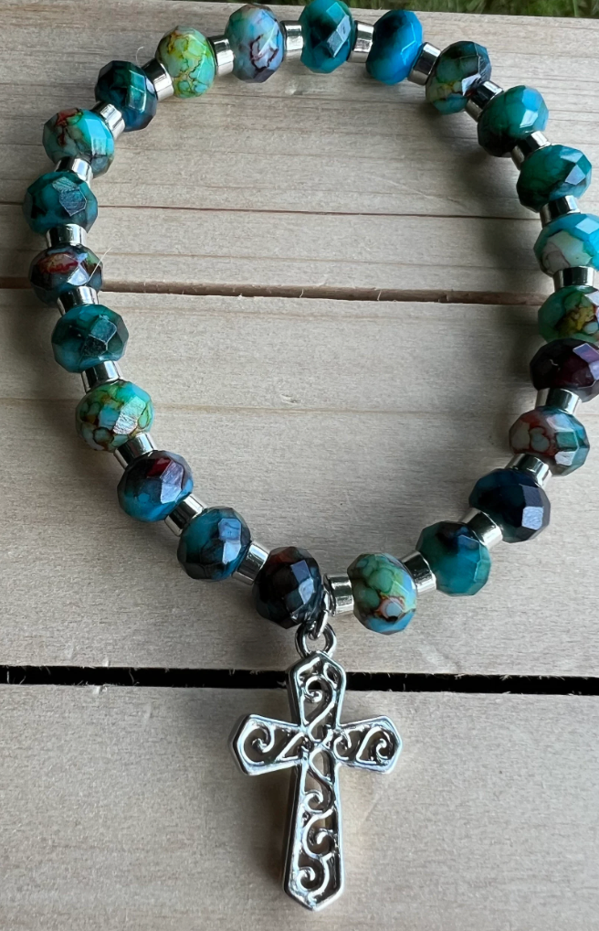 Elegant Turquoise Stretch Bracelet with Filigree Cross – Handcrafted Faith Jewelry - Rosaries by Minnette