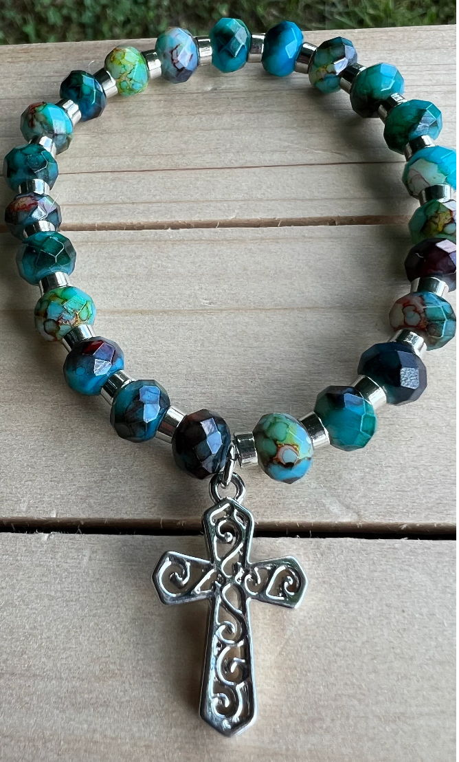 Elegant Turquoise Stretch Bracelet with Filigree Cross – Handcrafted Faith Jewelry - Rosaries by Minnette