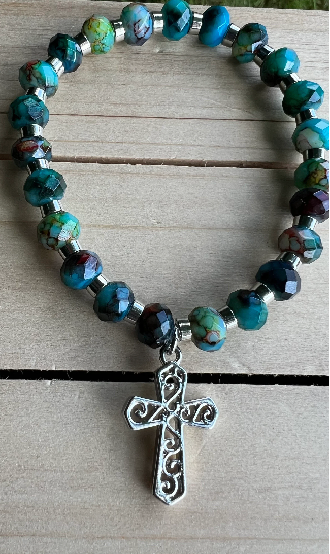 Elegant Turquoise Stretch Bracelet with Filigree Cross – Handcrafted Faith Jewelry - Rosaries by Minnette
