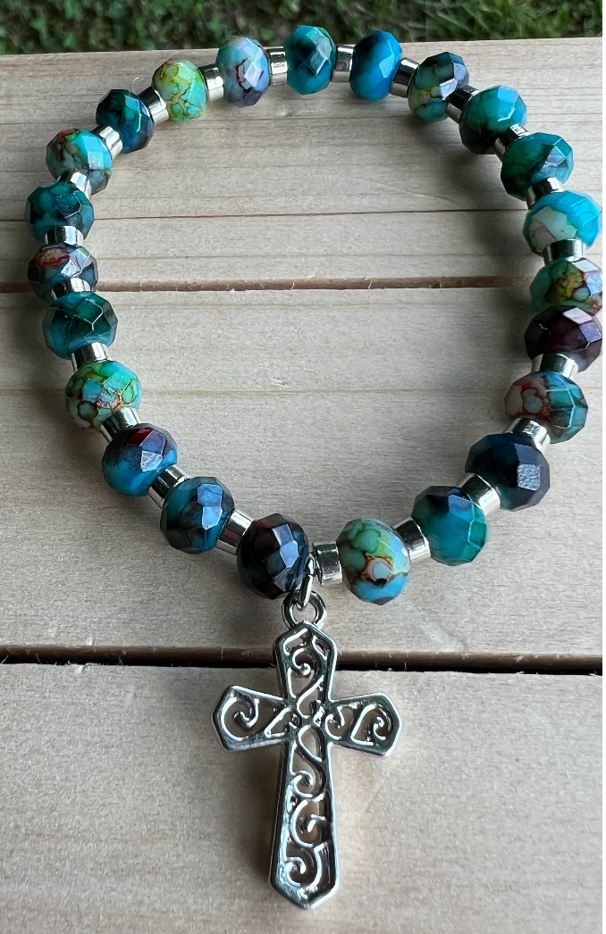 Elegant Turquoise Stretch Bracelet with Filigree Cross – Handcrafted Faith Jewelry - Rosaries by Minnette