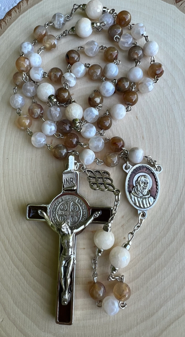Handmade Padre Pio Rosary – Fire Agate & Jade | Catholic Gift for Prayer & Devotion - Rosaries by Minnette