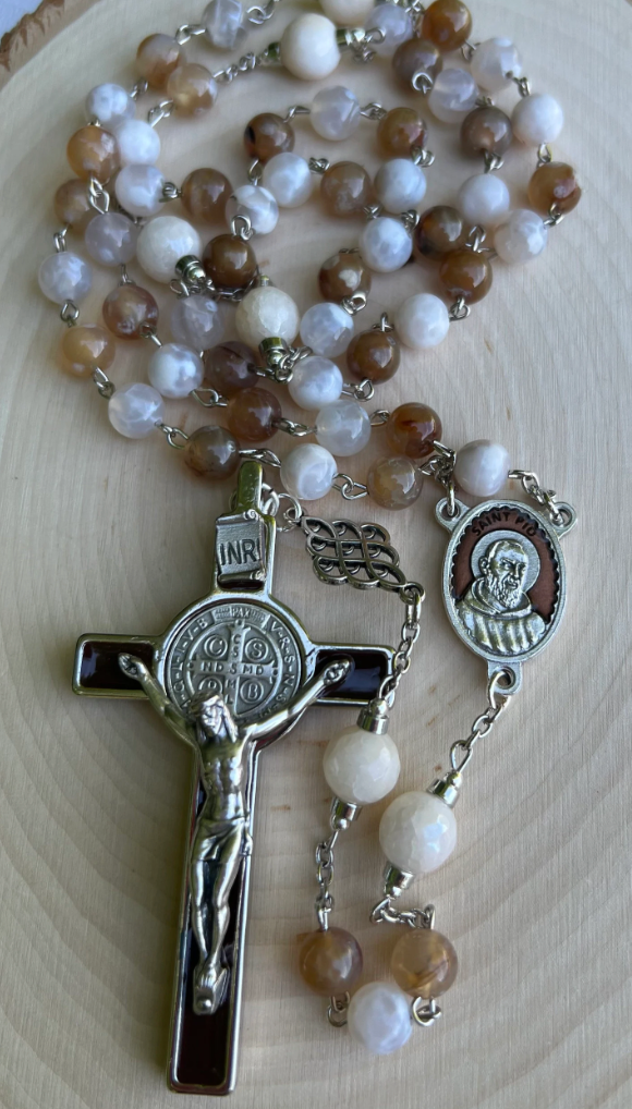 Handmade Padre Pio Rosary – Fire Agate & Jade | Catholic Gift for Prayer & Devotion - Rosaries by Minnette