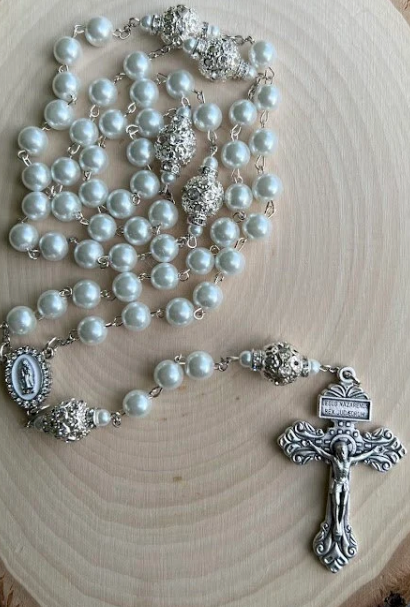 Handmade White Pearl Rosary | Our Lady of Guadalupe | Wedding, Baptism & Catholic Gift - Rosaries by Minnette