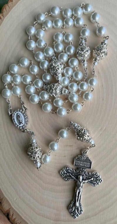Handmade White Pearl Rosary | Our Lady of Guadalupe | Wedding, Baptism & Catholic Gift - Rosaries by Minnette