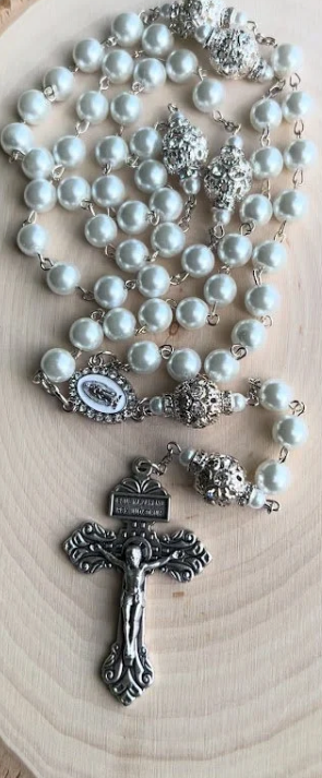 Handmade White Pearl Rosary | Our Lady of Guadalupe | Wedding, Baptism & Catholic Gift - Rosaries by Minnette