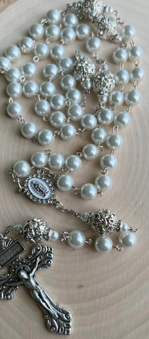 Handmade White Pearl Rosary | Our Lady of Guadalupe | Wedding, Baptism & Catholic Gift - Rosaries by Minnette