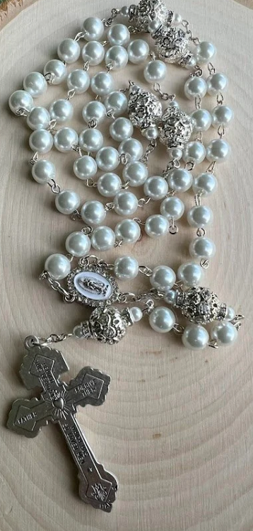 Handmade White Pearl Rosary | Our Lady of Guadalupe | Wedding, Baptism & Catholic Gift - Rosaries by Minnette