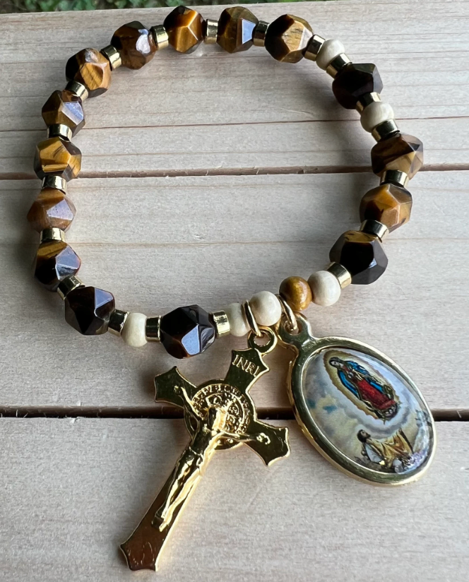 Lady of Guadalupe Rosary Bracelet β Tiger Eye & Gold Charms | Stretch Prayer Bracelet for Devotion & Gift - Rosaries by Minnette