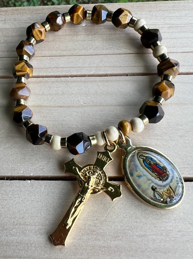 Lady of Guadalupe Rosary Bracelet β Tiger Eye & Gold Charms | Stretch Prayer Bracelet for Devotion & Gift - Rosaries by Minnette