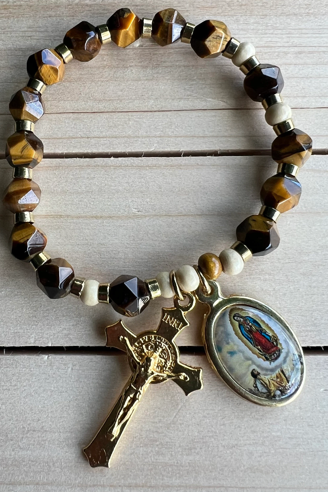 Lady of Guadalupe Rosary Bracelet β Tiger Eye & Gold Charms | Stretch Prayer Bracelet for Devotion & Gift - Rosaries by Minnette