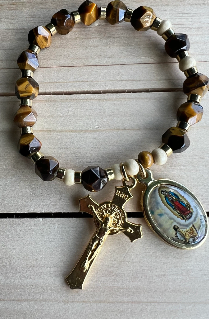 Lady of Guadalupe Rosary Bracelet β Tiger Eye & Gold Charms | Stretch Prayer Bracelet for Devotion & Gift - Rosaries by Minnette
