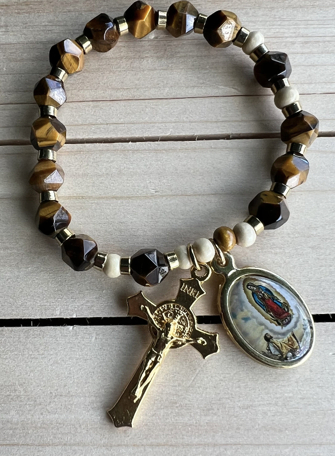 Lady of Guadalupe Rosary Bracelet β Tiger Eye & Gold Charms | Stretch Prayer Bracelet for Devotion & Gift - Rosaries by Minnette