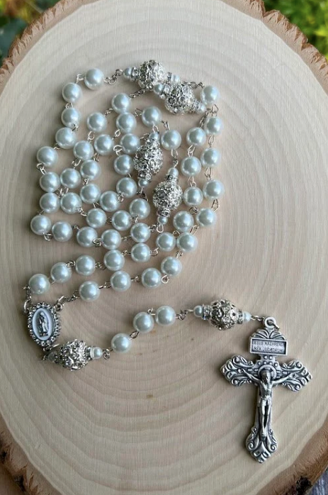 Handmade White Pearl Rosary | Our Lady of Guadalupe | Wedding, Baptism & Catholic Gift - Rosaries by Minnette