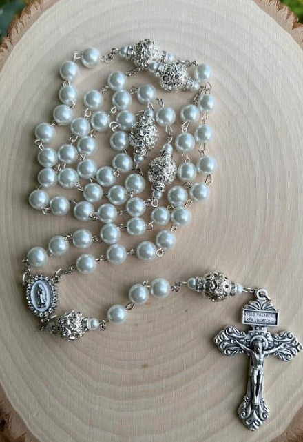 Handmade White Pearl Rosary | Our Lady of Guadalupe | Wedding, Baptism & Catholic Gift - Rosaries by Minnette