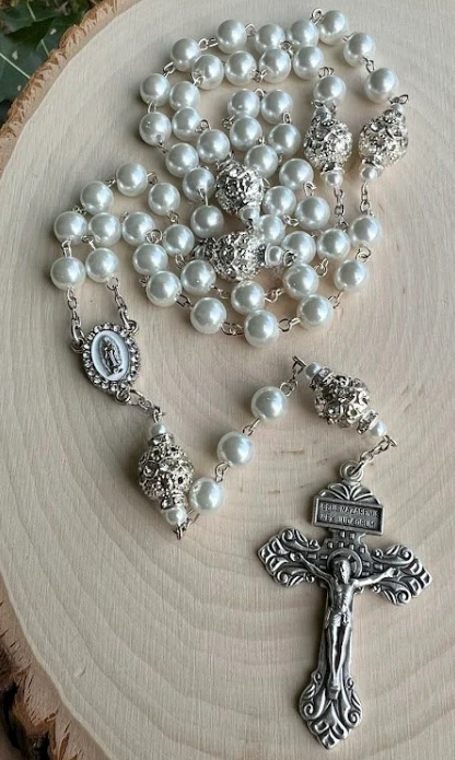 Handmade White Pearl Rosary | Our Lady of Guadalupe | Wedding, Baptism & Catholic Gift - Rosaries by Minnette
