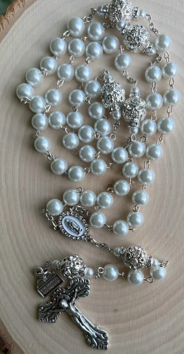 Handmade White Pearl Rosary | Our Lady of Guadalupe | Wedding, Baptism & Catholic Gift - Rosaries by Minnette